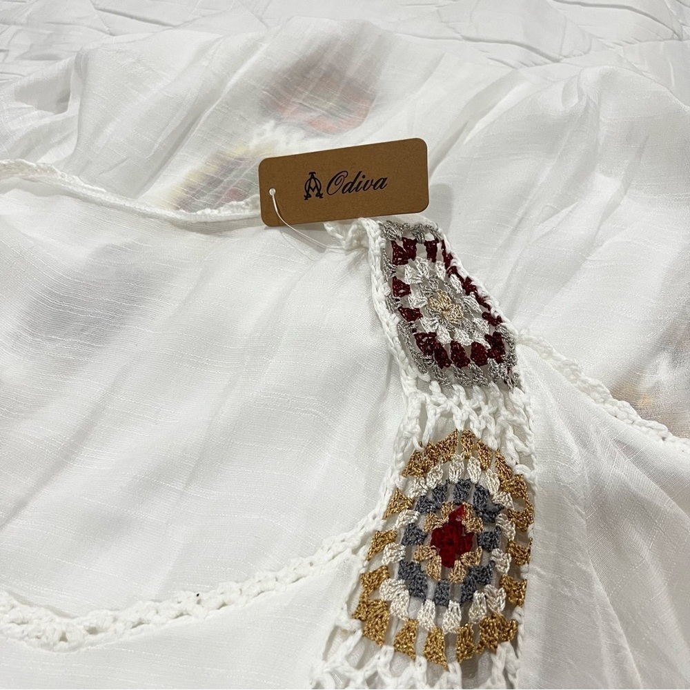 Swim Cover-Up with Crochet Accents white One Size Hi-Low Style Sheer - Picture 2 of 11